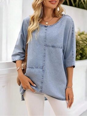 SHEIN Light Wash Denim Boxy Pullover Top